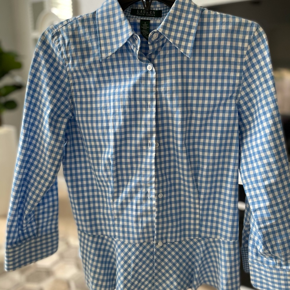 RL BABY BLUE PLAID PEPLUM BUTTON DOWN